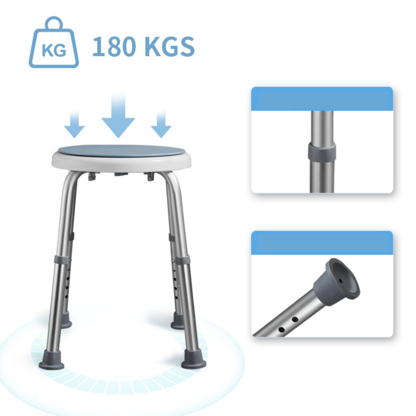 360° vridbar vattentät sits
Lätt ram i aluminiumlegering 
Halkfria gummifötter
Enkel montering utan verktyg