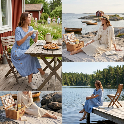 Beige midiklänning med ränder och dekorativa knappar, presenterad i en minimalistisk flat lay-komposition på en texturerad linnéduk, omgiven av torkad lavendel och släta naturstenar för att förmedla en hållbar och skandinavisk livsstilsestetik.