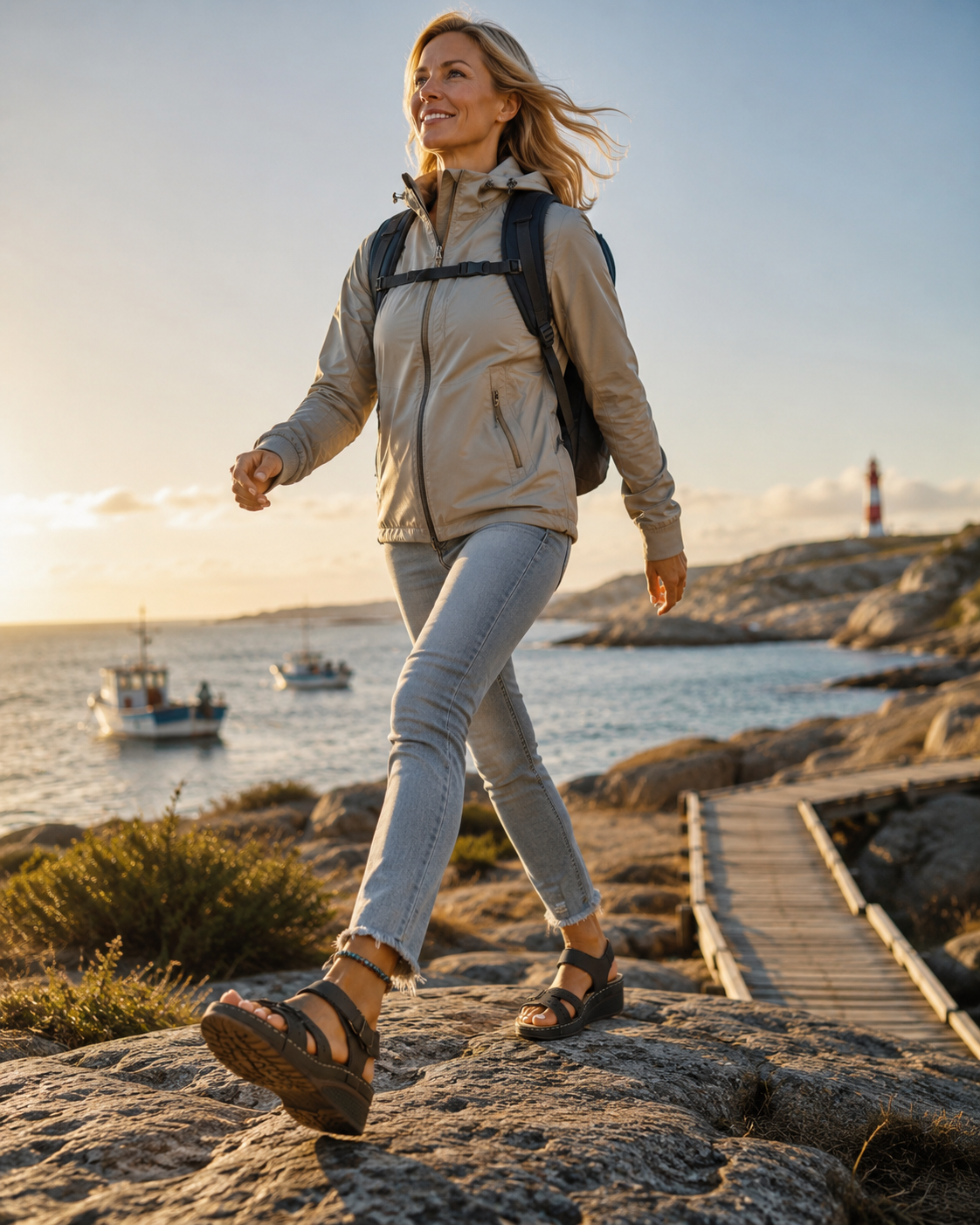 Närbild fokuserad på justeringsmekanismen av den svart ortopediska kilsandalen, som visar metallspännet och kardborrefästet för en anatomiskt stödjande och smärtfri passform.