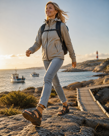 Närbild fokuserad på justeringsmekanismen av den svart ortopediska kilsandalen, som visar metallspännet och kardborrefästet för en anatomiskt stödjande och smärtfri passform.