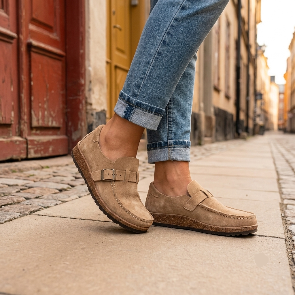 Beigea slip-in skor i mjuk mocka, fotograferade i Gamla Stan. Sköna vardagsskor med unik, tidlös stil.