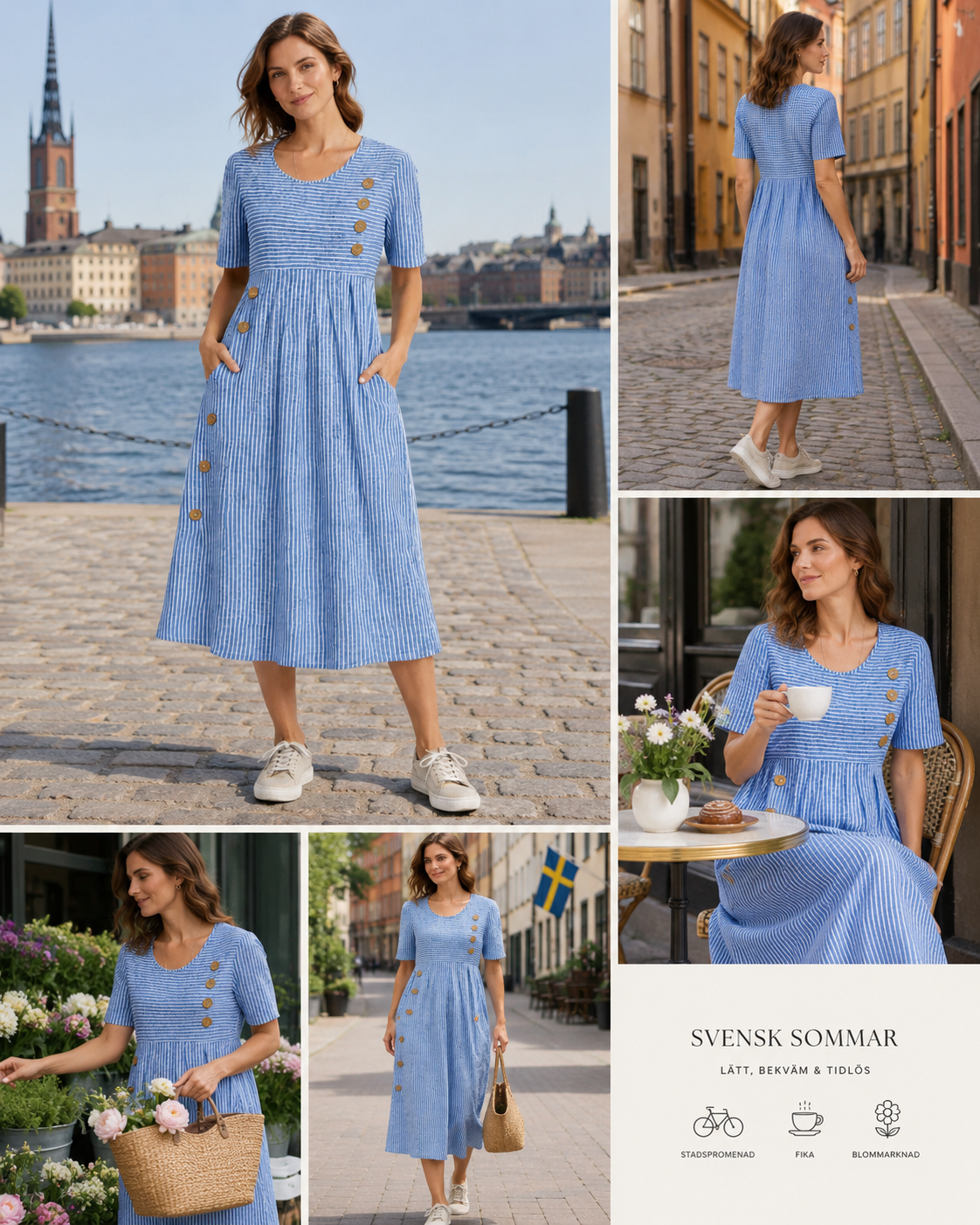 Kvinna bär en randig blåvit midiklänning med vita sneakers för en avslappnad vardagsstil.