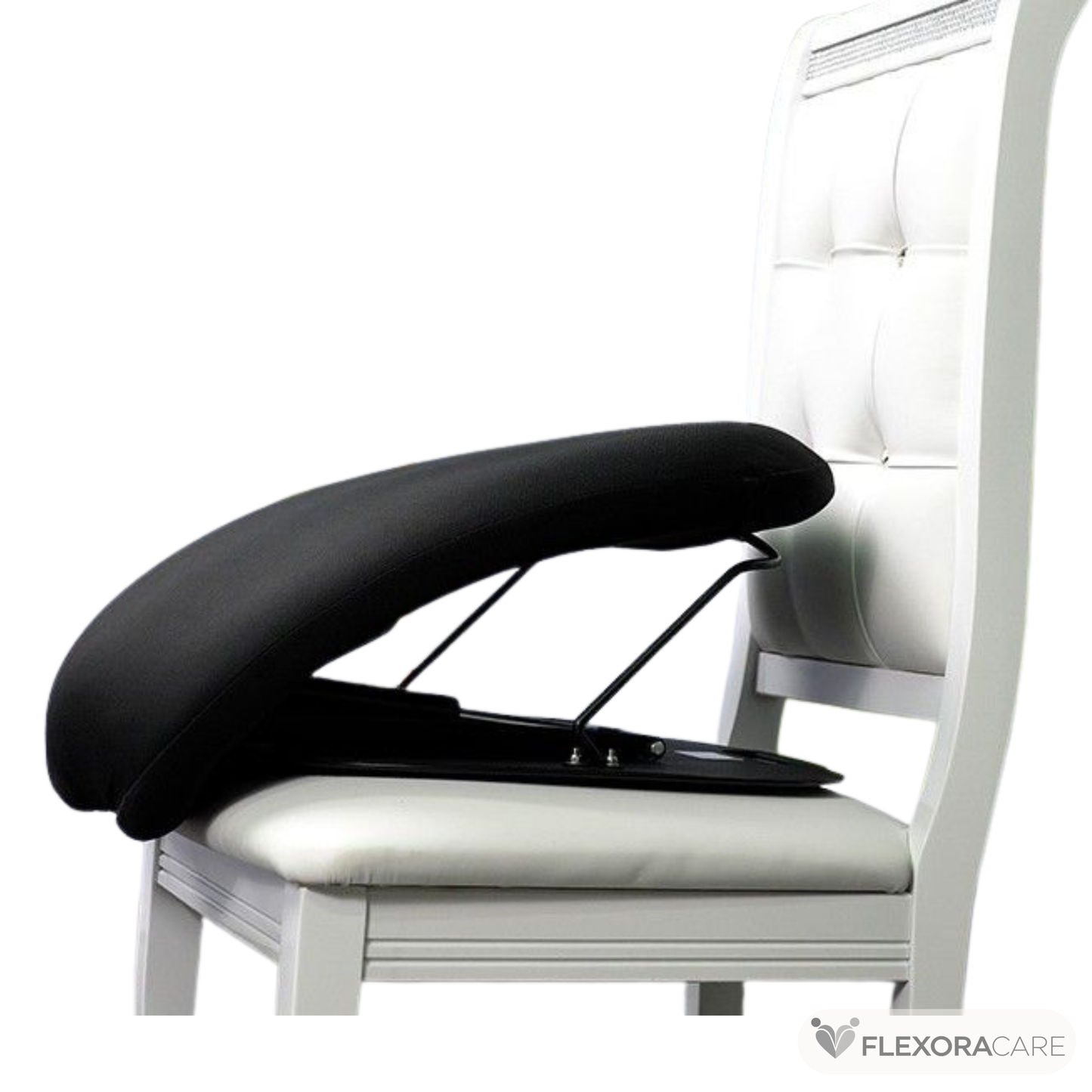 Angled view of portable lift-assist seat showing base and support structure