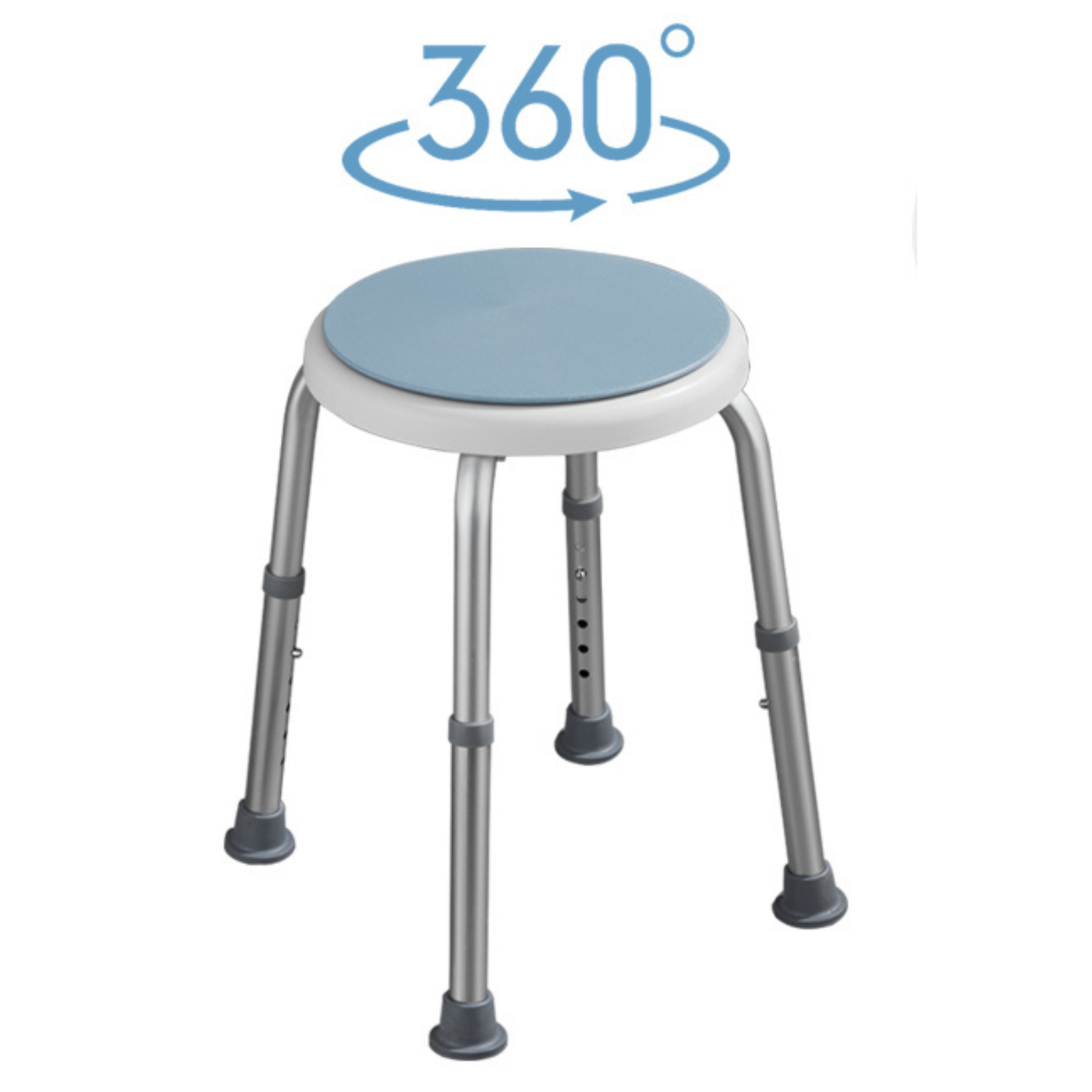Round adjustable shower stool – front view showing aluminium frame and round white seat