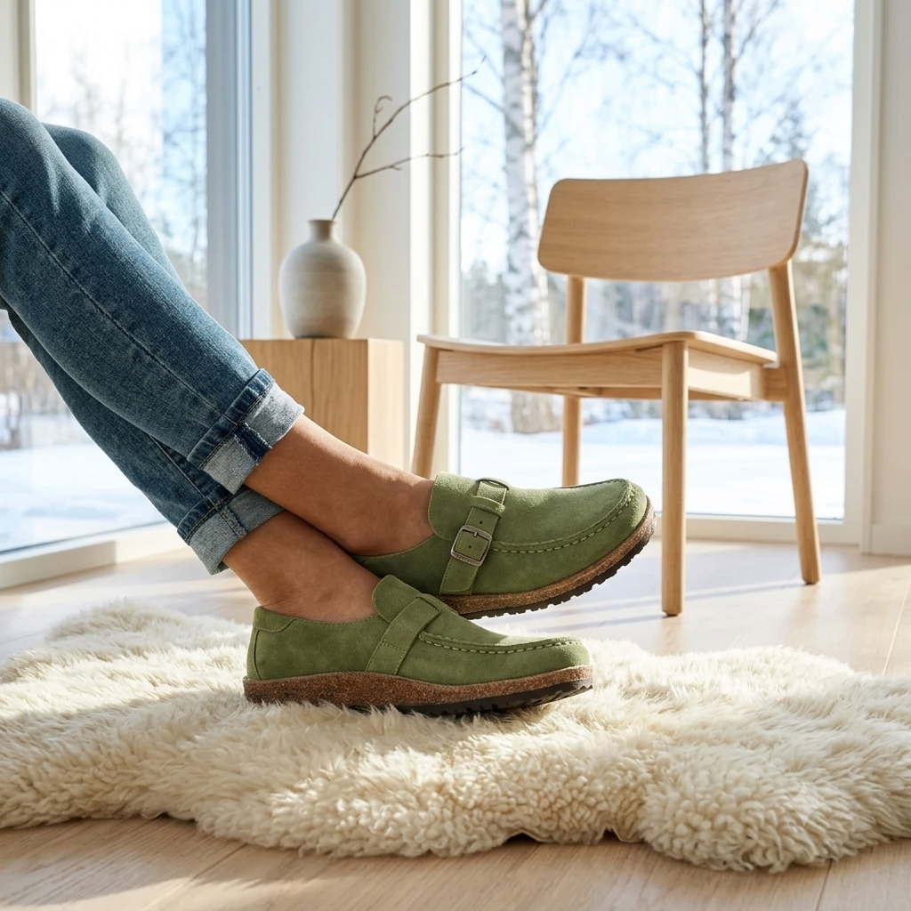 Gröna mockaloafers i stilren skandinavisk design, perfekta för hemmet eller avkopplande dagar.