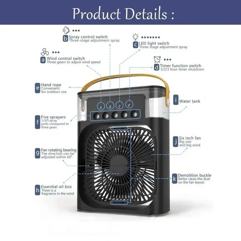 Portable 3-in-1 Air Cooler Humidifier Fan with 7-Color LED Light 600ml
