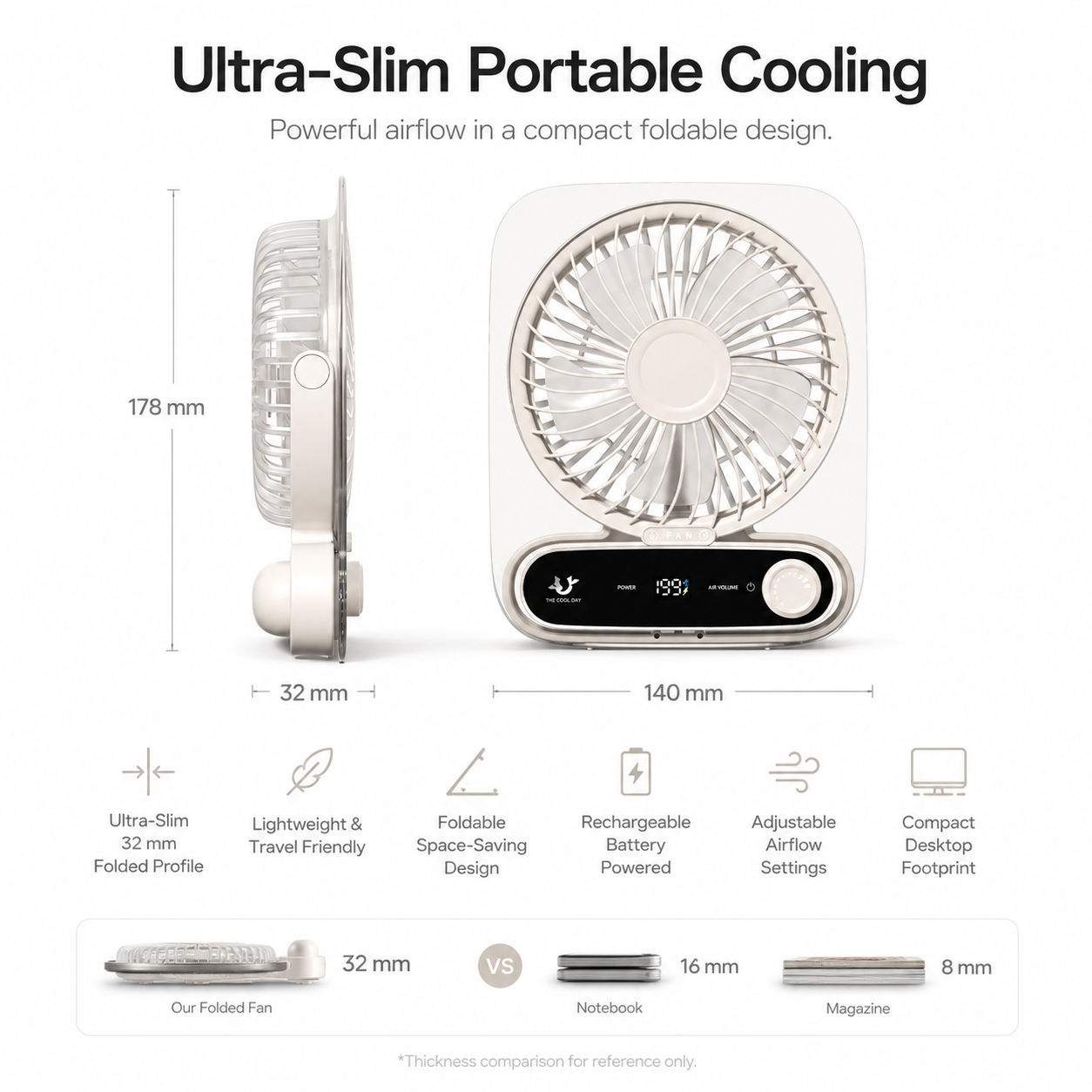 Ultratunn Skrivbordsfläkt | Digital Skärm med 199 Hastighetsinställningar | Tyst USB-fläkt för Optimal Luftcirkulation 7